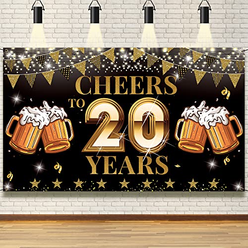 Cheers to 20 Years Backdrop Banner for 20 Year Class Reunion Decorations, 20th Anniversary for Wedding Anniversary, 20th Work Anniversary, 20th Birthday Yard Sign Photo Booth Decor, Reusable, Vicycaty