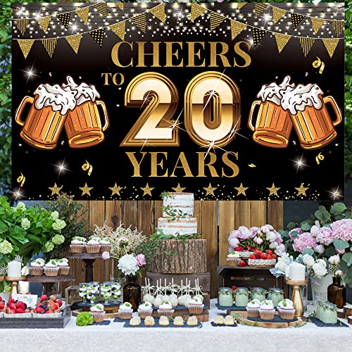 Cheers to 20 Years Backdrop Banner for 20 Year Class Reunion Decorations, 20th Anniversary for Wedding Anniversary, 20th Work Anniversary, 20th Birthday Yard Sign Photo Booth Decor, Reusable, Vicycaty