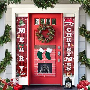Christmas Porche Banner, NDLT Merry Chritmas Welcome Banner Decorations, Red Buffalo Plaid Xmas Porch Signs Set for Home Decoration, Hanging Decorations for Wall Front Door Outdoor (71"x12")