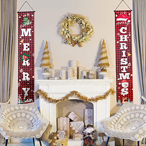 Christmas Porche Banner, NDLT Merry Chritmas Welcome Banner Decorations, Red Buffalo Plaid Xmas Porch Signs Set for Home Decoration, Hanging Decorations for Wall Front Door Outdoor (71"x12")