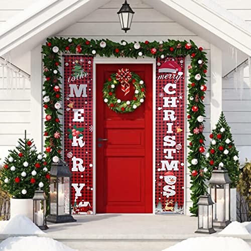 Christmas Porche Banner, NDLT Merry Chritmas Welcome Banner Decorations, Red Buffalo Plaid Xmas Porch Signs Set for Home Decoration, Hanging Decorations for Wall Front Door Outdoor (71"x12")