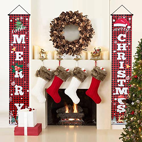 Christmas Porche Banner, NDLT Merry Chritmas Welcome Banner Decorations, Red Buffalo Plaid Xmas Porch Signs Set for Home Decoration, Hanging Decorations for Wall Front Door Outdoor (71"x12")