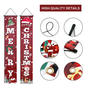 Christmas Porche Banner, NDLT Merry Chritmas Welcome Banner Decorations, Red Buffalo Plaid Xmas Porch Signs Set for Home Decoration, Hanging Decorations for Wall Front Door Outdoor (71"x12")