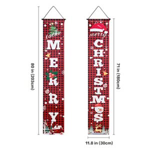 Christmas Porche Banner, NDLT Merry Chritmas Welcome Banner Decorations, Red Buffalo Plaid Xmas Porch Signs Set for Home Decoration, Hanging Decorations for Wall Front Door Outdoor (71"x12")