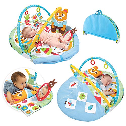 Yookidoo Play 'N’ Nap. 3-in-1 Baby Activity Playmat Gym, Tummy Time Mat, Pillow & Mirror. Foldable Infant Blanket, with Sensory Toys and Newborn Rattle for 0-12 Months.