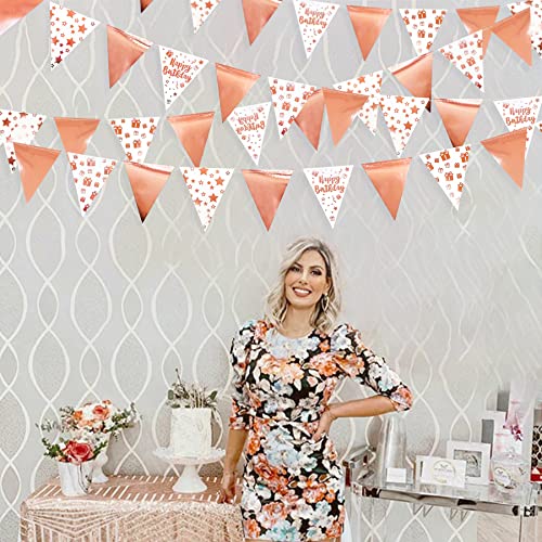 40Ft Rose Gold Happy Birthday Decorations Happy Birthday Banner Bunting Triangle Flag Pennant Garland Streamer Backdrop for Girls Women 13th 16th 21st 30th 40th 50th 60th Happy Birthday Party Supplies