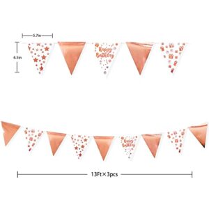 40Ft Rose Gold Happy Birthday Decorations Happy Birthday Banner Bunting Triangle Flag Pennant Garland Streamer Backdrop for Girls Women 13th 16th 21st 30th 40th 50th 60th Happy Birthday Party Supplies