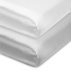 yeeeasy soft satin pack n play sheet protect baby hair 27’’x39’’ fitted playard sheet portable mini crib mattress sheet for boys and girls, 2 pack, gray and white