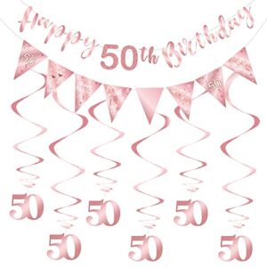 rose gold 50th birthday decoration for girls, happy 50th birthday banner bunting swirls, triangle flag banner for 50 birthday party decorations supplies