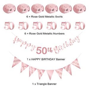 Rose Gold 50th Birthday Decoration for Girls, Happy 50th Birthday Banner Bunting Swirls, Triangle Flag Banner for 50 Birthday Party Decorations Supplies