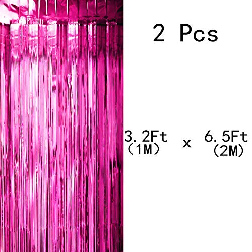 Hot Pink Tinsel Foil Fringe Curtains Decorations - Bachelorette Wedding Bridal Shower Girls Baby Shower Birthday Summer Party Photo Backdrops Props Decorations, 2pc