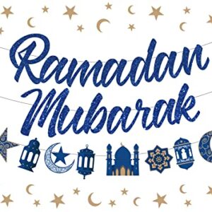 Ramadan Mubarak Banner Decorations for Home Gold Blue Moon and Star Bunting Garland Eid Ramadan Muslim Islamic Hanging Celebration Party Decorations 2 Packs for Muslim