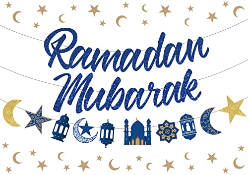 Ramadan Mubarak Banner Decorations for Home Gold Blue Moon and Star Bunting Garland Eid Ramadan Muslim Islamic Hanging Celebration Party Decorations 2 Packs for Muslim