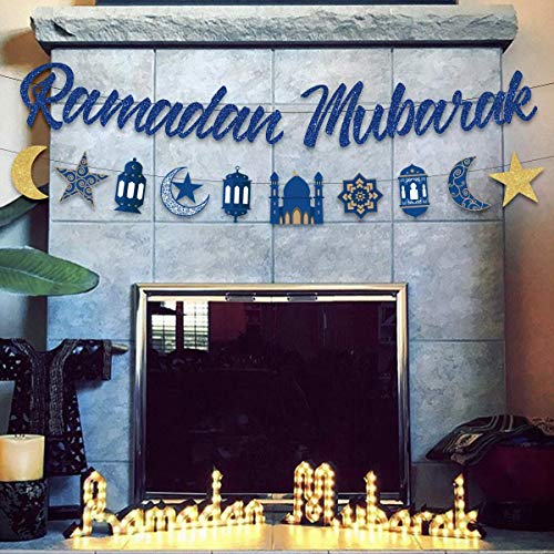 Ramadan Mubarak Banner Decorations for Home Gold Blue Moon and Star Bunting Garland Eid Ramadan Muslim Islamic Hanging Celebration Party Decorations 2 Packs for Muslim