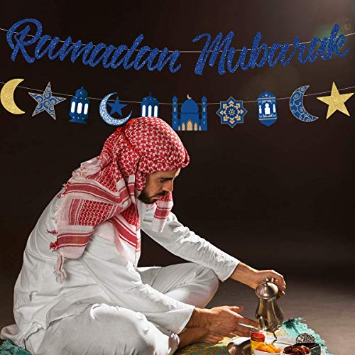 Ramadan Mubarak Banner Decorations for Home Gold Blue Moon and Star Bunting Garland Eid Ramadan Muslim Islamic Hanging Celebration Party Decorations 2 Packs for Muslim