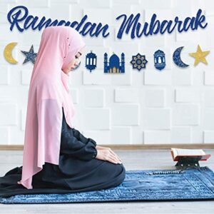 Ramadan Mubarak Banner Decorations for Home Gold Blue Moon and Star Bunting Garland Eid Ramadan Muslim Islamic Hanging Celebration Party Decorations 2 Packs for Muslim