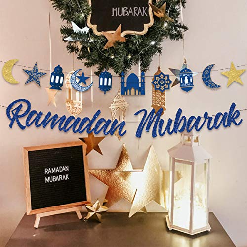 Ramadan Mubarak Banner Decorations for Home Gold Blue Moon and Star Bunting Garland Eid Ramadan Muslim Islamic Hanging Celebration Party Decorations 2 Packs for Muslim