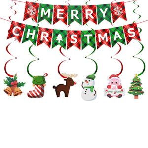 cobee merry christmas banner, xmas signs hanging banner, plaid red green christmas banner with christmas tree santa elk and sock snowman spiral strip ornaments for home wall fireplace party supplies