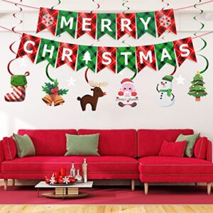 cobee Merry Christmas Banner, Xmas Signs Hanging Banner, Plaid Red Green Christmas Banner with Christmas Tree Santa Elk and Sock Snowman Spiral Strip Ornaments for Home Wall Fireplace Party Supplies