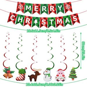 cobee Merry Christmas Banner, Xmas Signs Hanging Banner, Plaid Red Green Christmas Banner with Christmas Tree Santa Elk and Sock Snowman Spiral Strip Ornaments for Home Wall Fireplace Party Supplies