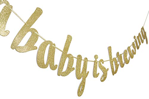 A Baby is Brewing Gold Glitter Banner Sign Garland for Baby Boy, Girl or Gender Reveal Baby Shower Party Decorations Supplies Cursive Bunting Photo Booth Props