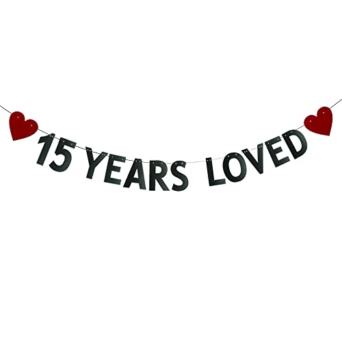 15 YEARS LOVED Banner，Pre-strung，15th Birthday / Wedding Anniversary Party Decorations Supplies，Black Glitter Paper Garlands Backdrops, Letters Black Betteryanzi