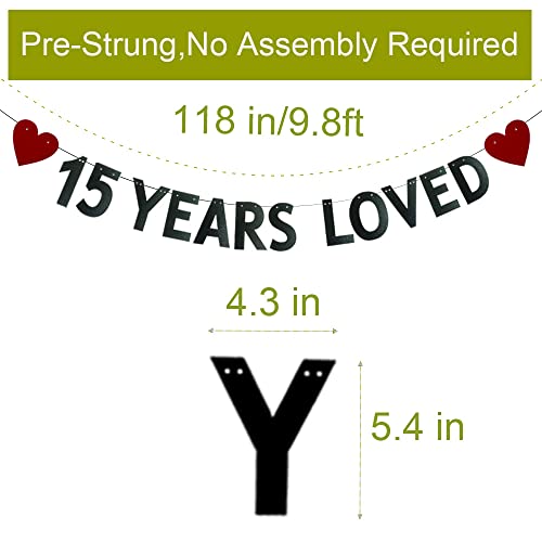 15 YEARS LOVED Banner，Pre-strung，15th Birthday / Wedding Anniversary Party Decorations Supplies，Black Glitter Paper Garlands Backdrops, Letters Black Betteryanzi