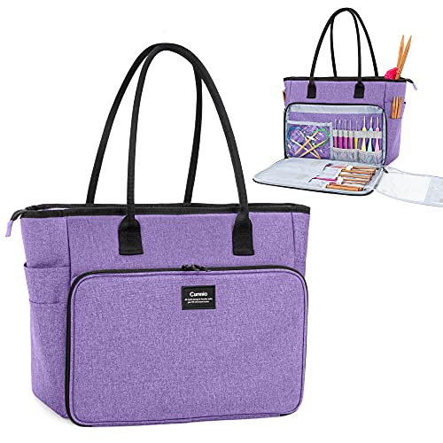 CURMIO Yarn Storage Bag, Knitting Bag for WIP Project, Crochet Hooks, Knitting Needles(up to 14"/35.5cm) and Yarn Skeins, Purple(Bag Only)