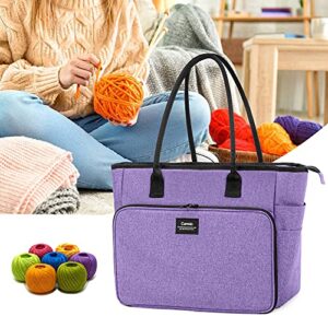 CURMIO Yarn Storage Bag, Knitting Bag for WIP Project, Crochet Hooks, Knitting Needles(up to 14"/35.5cm) and Yarn Skeins, Purple(Bag Only)