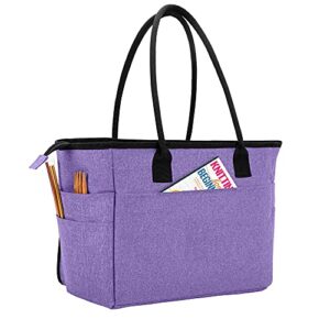 CURMIO Yarn Storage Bag, Knitting Bag for WIP Project, Crochet Hooks, Knitting Needles(up to 14"/35.5cm) and Yarn Skeins, Purple(Bag Only)