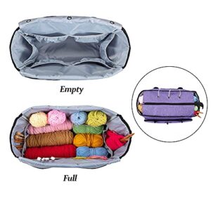 CURMIO Yarn Storage Bag, Knitting Bag for WIP Project, Crochet Hooks, Knitting Needles(up to 14"/35.5cm) and Yarn Skeins, Purple(Bag Only)