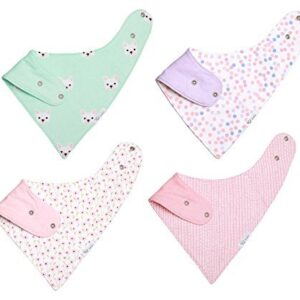 REVERSIBLE & WATERPROOF Cotton Baby Bandana Drool Bibs for Girls with Adjustable Snaps, Pack of 4, Soft Absorbent Cute Modern Premium Bib Set for Teething Drooling (Pink)