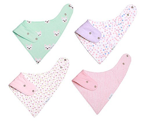 REVERSIBLE & WATERPROOF Cotton Baby Bandana Drool Bibs for Girls with Adjustable Snaps, Pack of 4, Soft Absorbent Cute Modern Premium Bib Set for Teething Drooling (Pink)