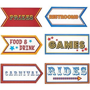 carnival party supplies – 6-pack word cutouts signs for theme party decorations, kids birthday party favors on 350 gsm cardstock paper, 17.5 x 8 inches