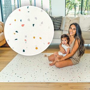 new! 4′ x 6′ baby & child play mat – modern terrazzo design – extra-thick – seamless edges playmat – neutral cream color – 100% non-toxic kids extra large play mat | simply tots brand