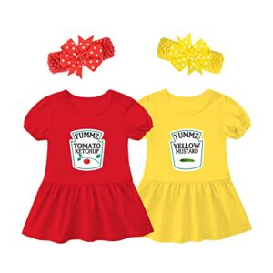 ysculbutol baby twins bodysuit ketchup mustard newborn girl matching outfits sister dresses infant romper with headband set(red yellow 12m)