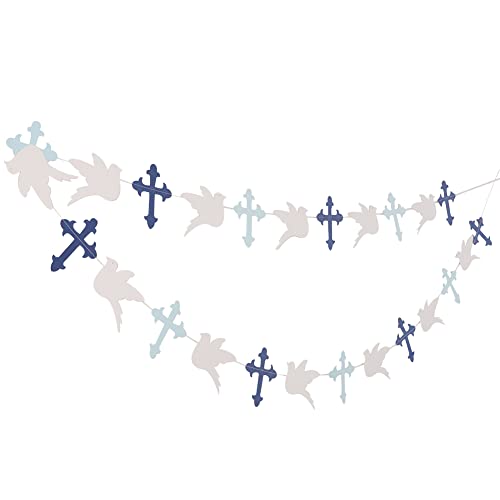 LINGANA First Communion Baptism Decorations - Dove and Cross Garland, God Bless Banner, God Bless Decorations, First God Bless Decor, Confirmation Decorations, Photo Props Crosses,1st Communion Party, Boy or Girl Baptism Decor