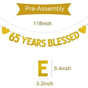 XIAOLUOLY Gold 65 YEARS BLESSED Glitter Banner,Pre-Strung,65th Birthday / Wedding Anniversary Party Decorations Bunting Sign Backdrops,65 YEARS BLESSED