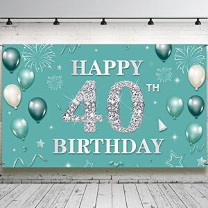 40th birthday banner backdrop, teal silver happy 40th birthday decorations women, turquoise 40 years old birthday photo props, forty birthday party sign for outdoor indoor, fabric vicycaty