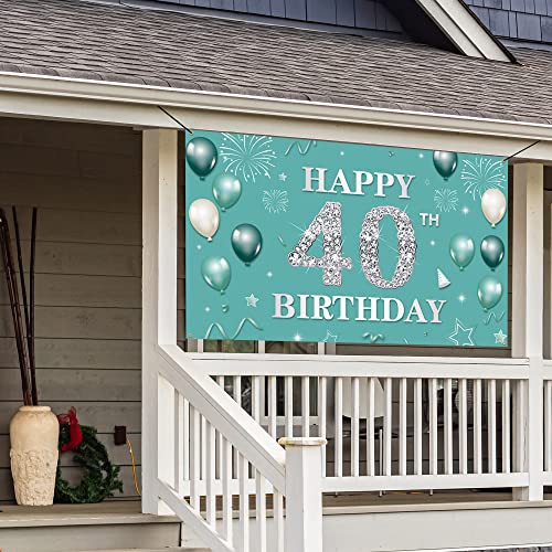 40th Birthday Banner Backdrop, Teal Silver Happy 40th Birthday Decorations Women, Turquoise 40 Years Old Birthday Photo Props, Forty Birthday Party Sign for Outdoor Indoor, Fabric Vicycaty