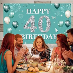 40th Birthday Banner Backdrop, Teal Silver Happy 40th Birthday Decorations Women, Turquoise 40 Years Old Birthday Photo Props, Forty Birthday Party Sign for Outdoor Indoor, Fabric Vicycaty