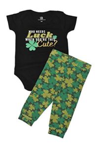 unique baby unisex who needs luck st patrick’s day romper outfit (12m, luck)