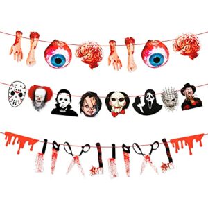 kirako halloween party banners decorations horror classic movie character bloody knife weapons broken body parts hanging garland photo props vampire zombie haunted house decor supplies, set of 3