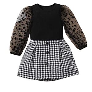 WDIRARA Toddler Girl's 2 Piece Outfits Polka Dots Mesh Top and Houndstooth Print Skirt Set Black and White 6-9M