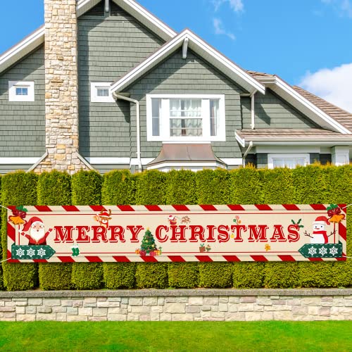 Large Merry Christmas Banner Christmas Outdoor Yard Sign Decorations - Red and White Santa Snowman Xmas Holiday Hanging Banner for Indoor Outdoor Christmas New Year Party Supplies (9.8x1.6 feet)