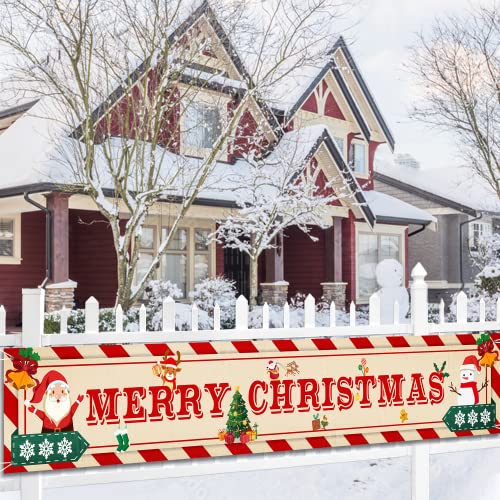 Large Merry Christmas Banner Christmas Outdoor Yard Sign Decorations - Red and White Santa Snowman Xmas Holiday Hanging Banner for Indoor Outdoor Christmas New Year Party Supplies (9.8x1.6 feet)