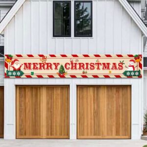 Large Merry Christmas Banner Christmas Outdoor Yard Sign Decorations - Red and White Santa Snowman Xmas Holiday Hanging Banner for Indoor Outdoor Christmas New Year Party Supplies (9.8x1.6 feet)