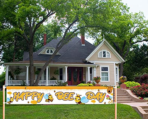 Large Happy Bee Day Banner | Bumble Bee Birthday Party Decoration | Happy Bee Day Party Supplies | Bumblebee Baby Shower Decoration - 9.8 x 1.6FT