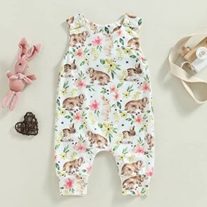 tetyseysh Baby Girls Summer Casual Jumpsuits Clothes Outfits Sleeveless Rabbit Floral Rompers (White , 6-12 Months )