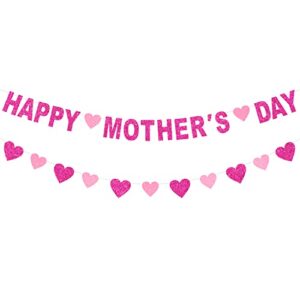 JOZON Happy Mother's Day Banner and Heart Banner Rose Red Pink Glitter Mothers Day Garland Banner with Heart Signs Thanks Mom Best Mom Ever Family Photo Props Backdrops Mother’s Day Party Decorations